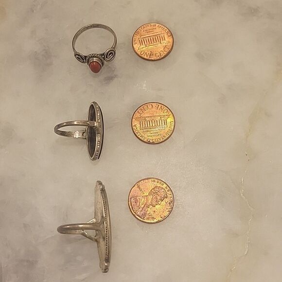 3 Lot Bundle Navajo Native American Sterling Silver Mother Pearl Onyx Coral Ring - Picture 3 of 11